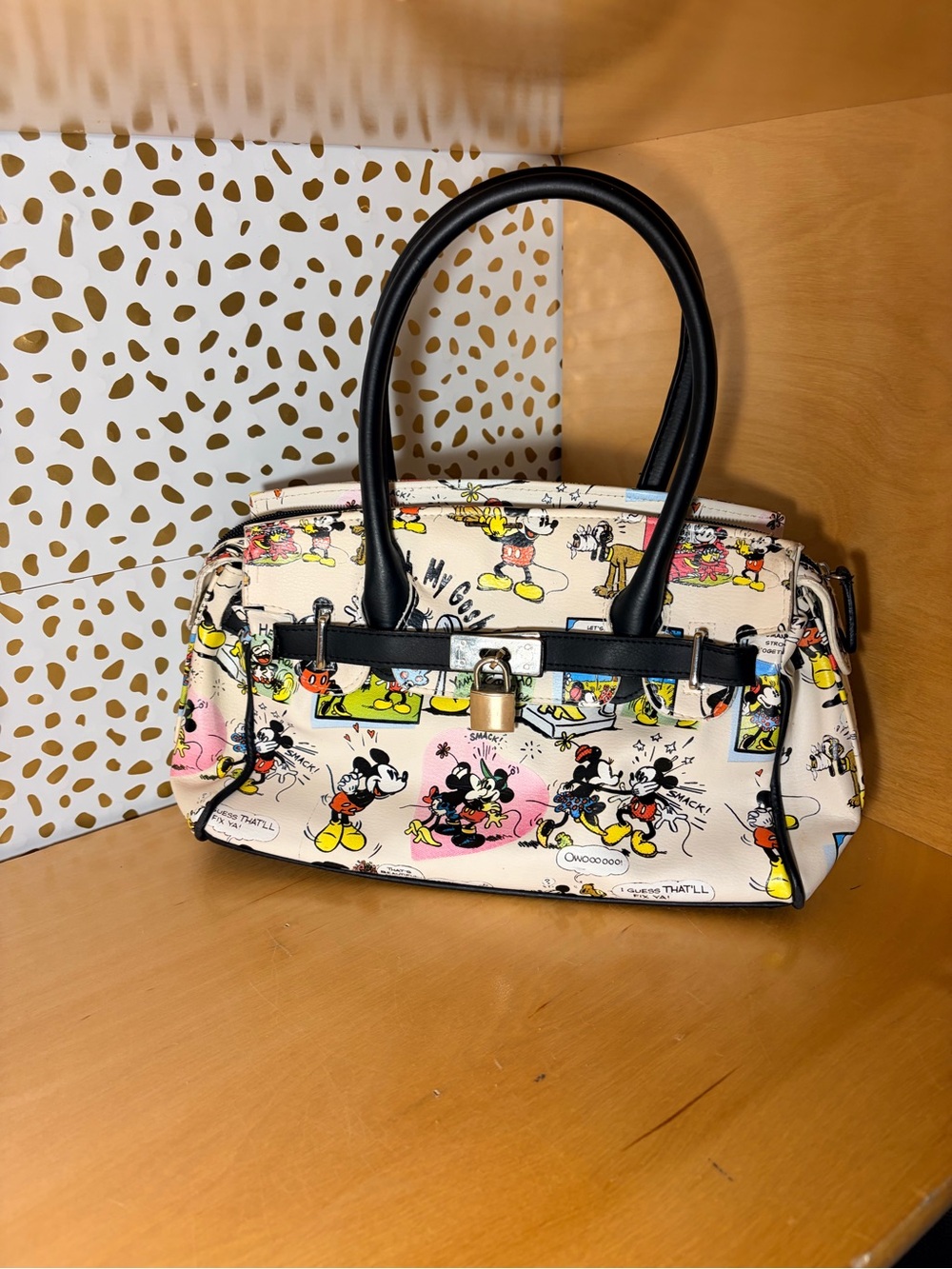 Printed Cartoon Satchel Handbag - Black & Cream